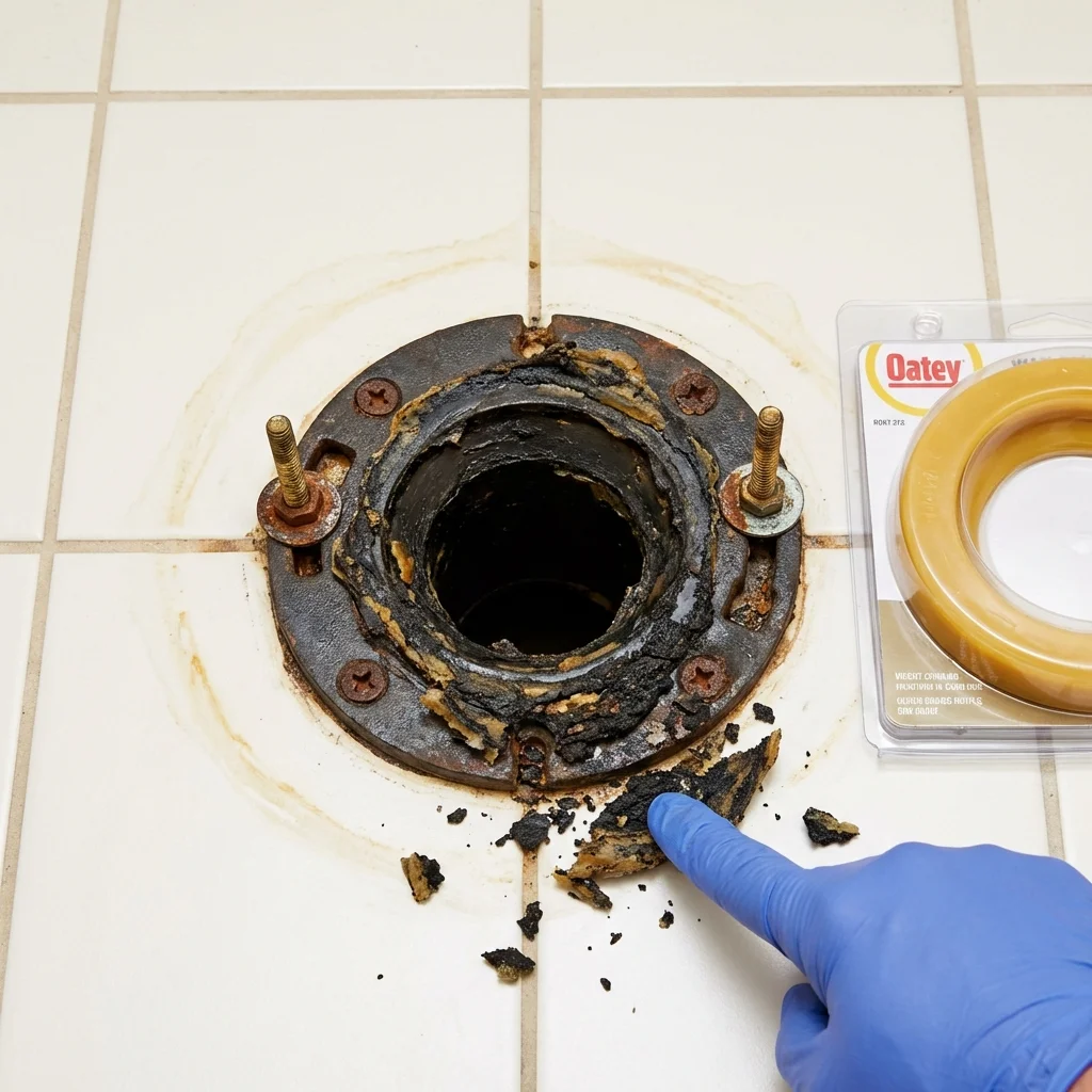 Failed wax ring showing water seepage at the base of a toilet in a Rockland, ME home