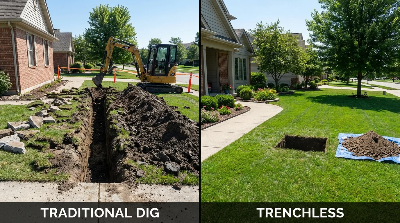 Trenchless sewer repair with minimal yard damage versus traditional excavation in Rockland, ME