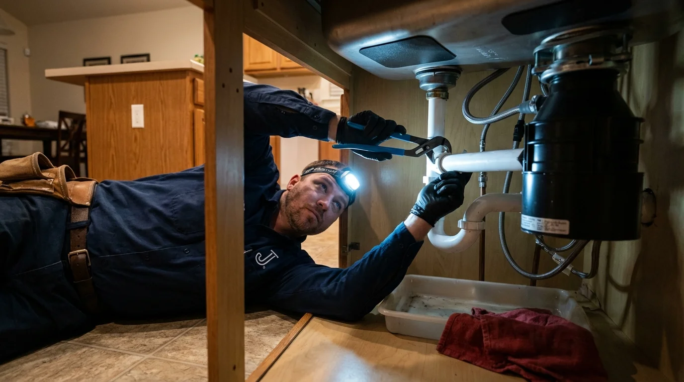 P-trap and supply line connections under a kitchen sink showing a common leak point in Rockland, ME